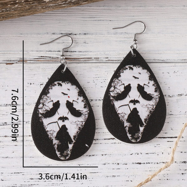Wholesale Cross-border New Halloween Death Bat Skull Water Drop Pendant Earrings PU Leather Double-sided Ear Jewelry