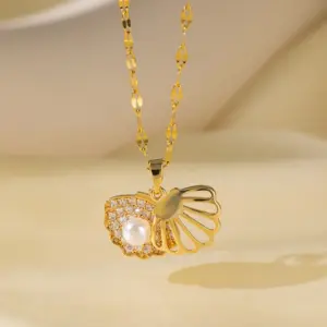 [8086] Hollow Pearl Shell Necklace / Gold