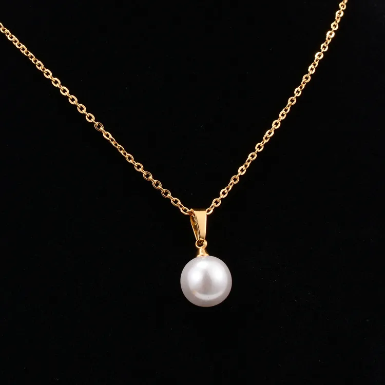 Wholesale Women'S 304 Stainless Steel PVD Coated 18K Gold Plated Rose Inlay Inlaid O-Shape Artificial Pearls Necklace Imitation Pearl Jewelry