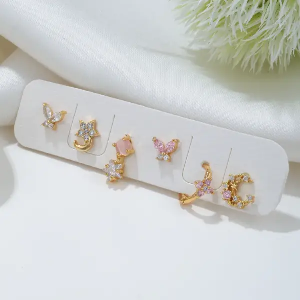 Wholesale Fashion Pentagram Moon Flower Copper Inlay Zircon Earrings 6 Pieces