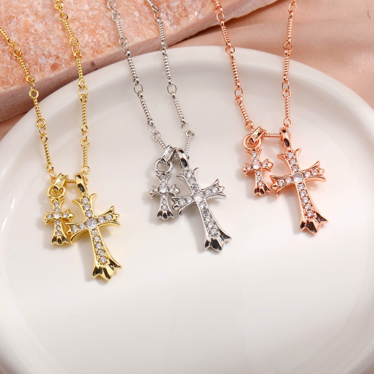 Wholesale Crow Heart Cross Necklace Women's Retro Double Cross Cross-Border European and American Cole Full Diamond Men's and Women's Double Pendant J