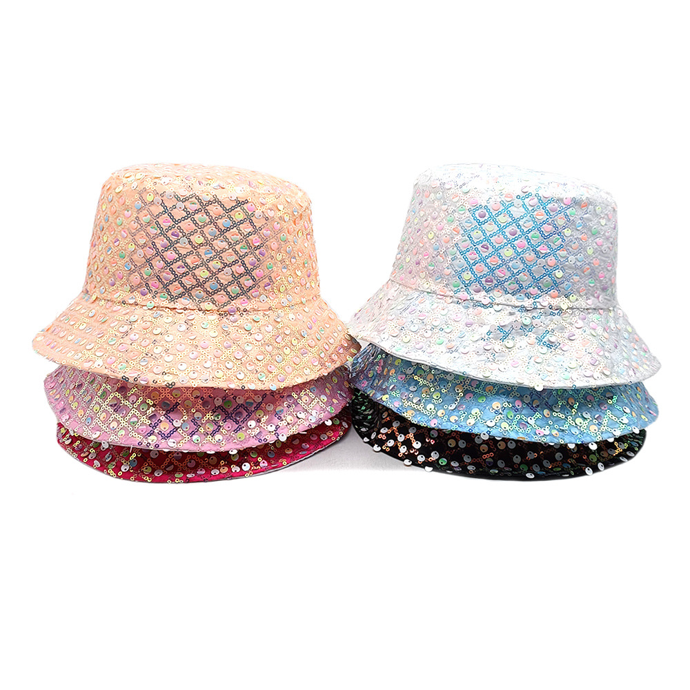 Wholesale Fisherman Hat Women's Face Shown Spring and Summer Korean Fashion Sunshade Sequin Small Basin Hat Rhombic Bucket Hat Double-Sided Cross-Bord