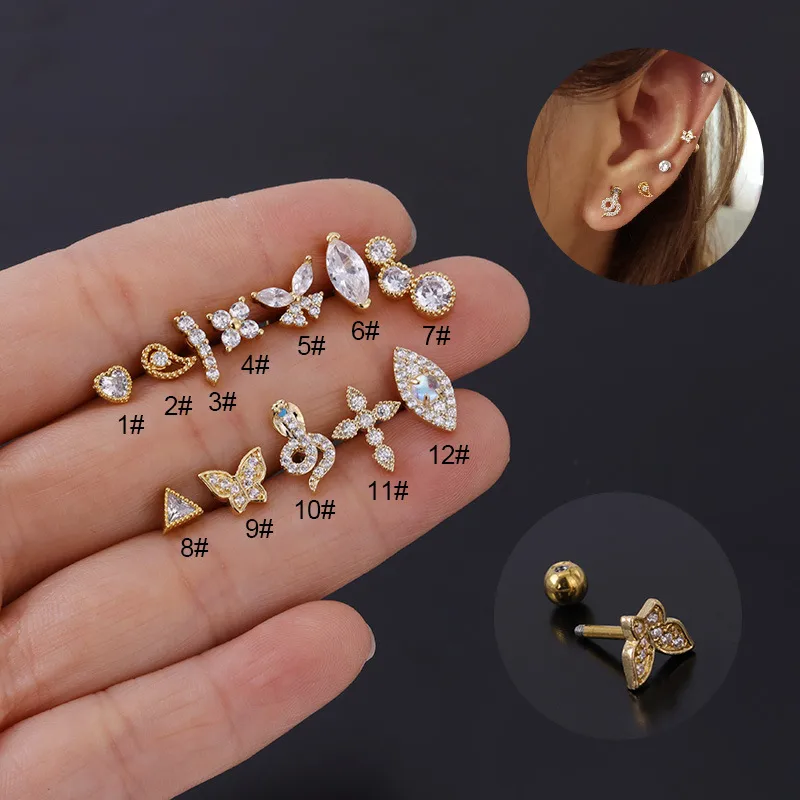 Wholesale Copper Artificial Gemstones Ear Cartilage Rings & Studs Geometric Waterproof Non Tarnish Surgical Steel Women'S