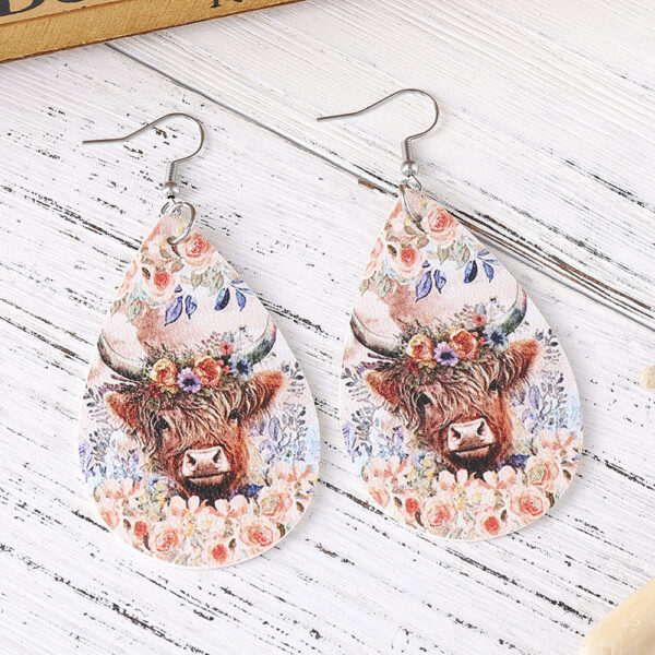 Wholesale Western cowboy flower bull head ring double-sided leather water drop earrings
