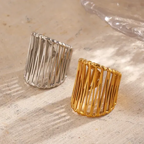 Wholesale Ion Plating (IP) 18K Gold Plated Lines 304 Stainless Steel Casual Rock Marine Style Waterproof Non Tarnish Open Rings