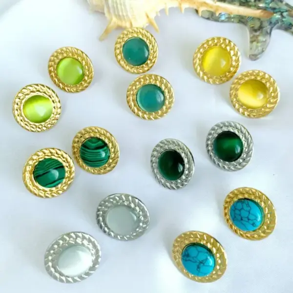 Wholesale 1 Pair Retro Round Inlay 304 Stainless Steel Natural Stone Ear Studs