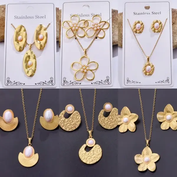 Wholesale 304 Stainless Steel Circle Round Oval Rack Plated Long-Lasting Plated PVD Coated Artificial Pearls 18K Gold Plated K Gold Plated Casual Elegant Cute Cable Chain Gold Jewelry Set