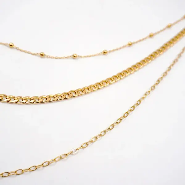 Wholesale Ferroalloy Solid Color Vacuum Plating Real Gold Plated Modern Style Classic Style Waterproof Non Tarnish Handmade Plating Cuban Link Chain Gold Three Layer Necklace