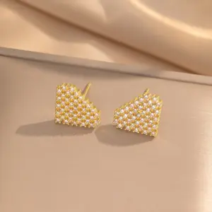 242 Fully Jeweled Loving Heart Stud Earrings / Gold