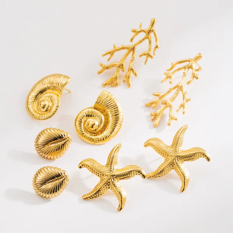 Wholesale 1 Pair Vacation Beach Starfish Coral Plating 304 Stainless Steel Ear Studs