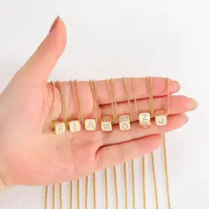 Wholesale Hot Sale Copper Set Zircon Plated 18K Real Gold Dice Pendant Personalized Small Cube 26 English Letter Necklace