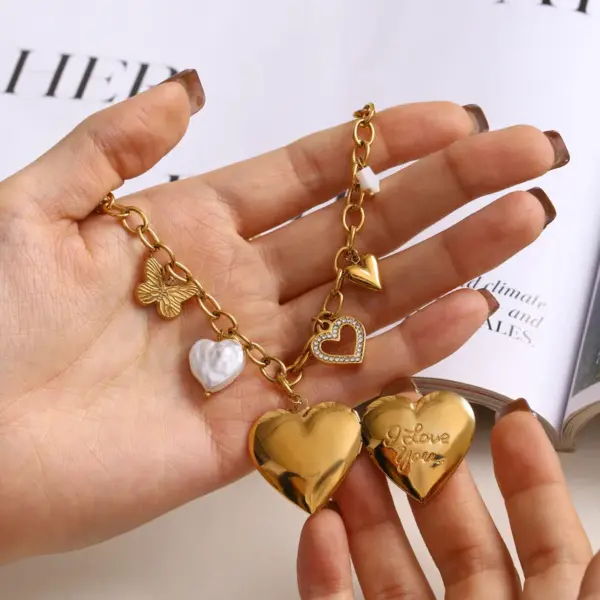 Wholesale Jewelry Simple Style Classic Style Heart Shape Flower Butterfly 304 Stainless Steel Zircon PVD Coated Pearl Hollow Out Inlay Cable Chain Multi Charms Necklace