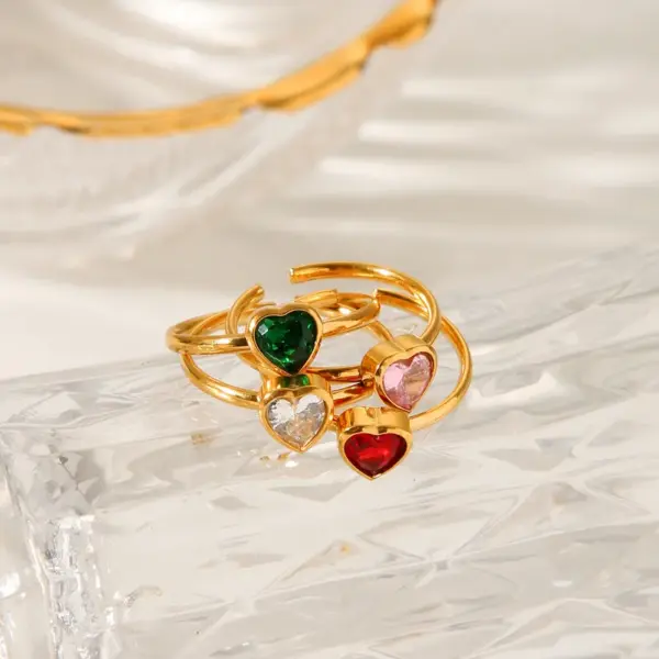 Wholesale 304 Stainless Steel Heart Shape PVD Coated Zircon 18K Real Gold Plated Vacation Modern Style IG Style Waterproof Non Tarnish Inlay Red Open Rings