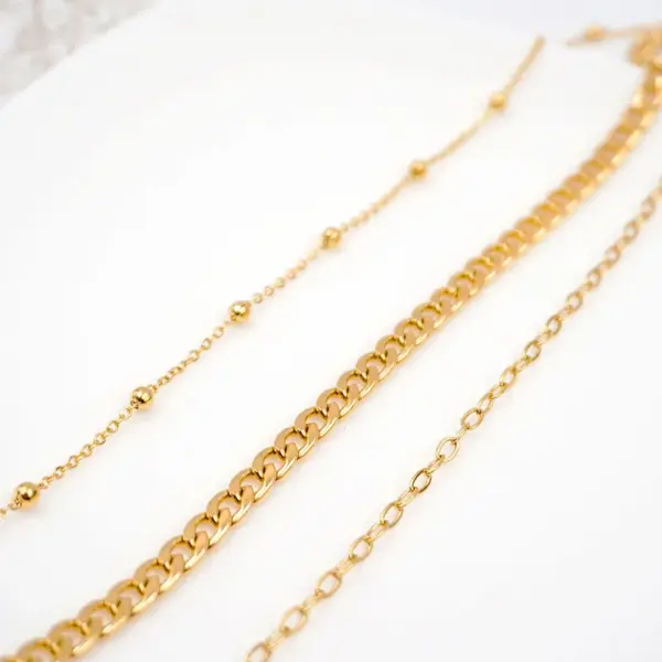 Wholesale Ferroalloy Solid Color Vacuum Plating Real Gold Plated Modern Style Classic Style Waterproof Non Tarnish Handmade Plating Cuban Link Chain Gold Three Layer Necklace
