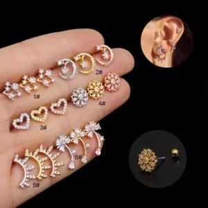 Wholesale 316L Stainless Steel Copper Zircon Ear Cartilage Rings & Studs Geometric Waterproof Non Tarnish Surgical Steel Women'S