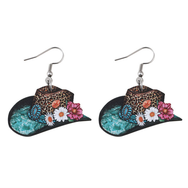 Wholesale Western style leopard print cowboy hat with wooden double-sided earrings