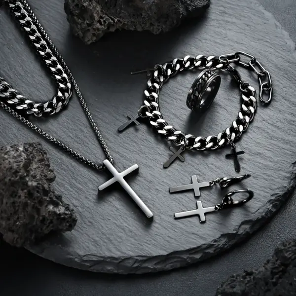 Wholesale Jewelry Original Design Cross Titanium Steel Plating Jewelry Set Cuban Link Chain Curb Chain