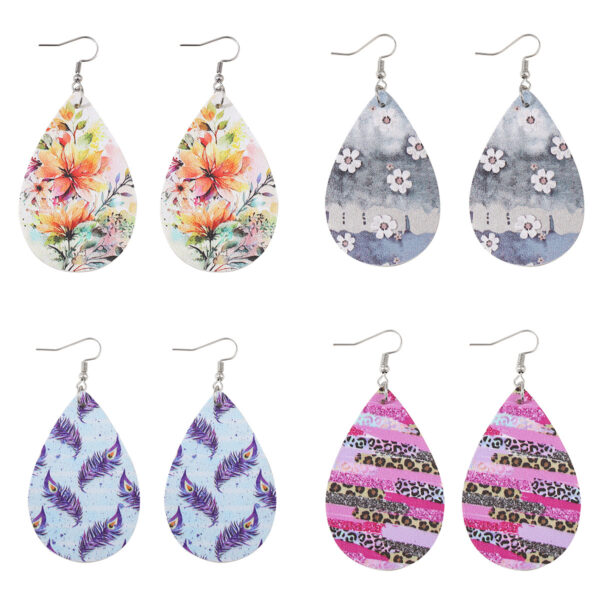 Wholesale Fresh leaf flower leopard print feather earrings leather drop earrings
