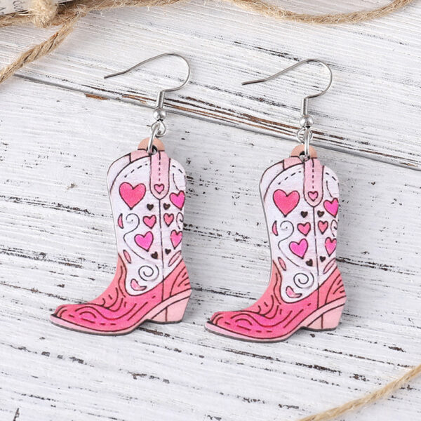 oly-192dcd048260197289d179e82bce090a Wholesale Cross-Border Western Style Pink Love Tassel Spring and Summer Flower Leaf Cowboy Boots Pendant Wooden Double-Sided Earrings