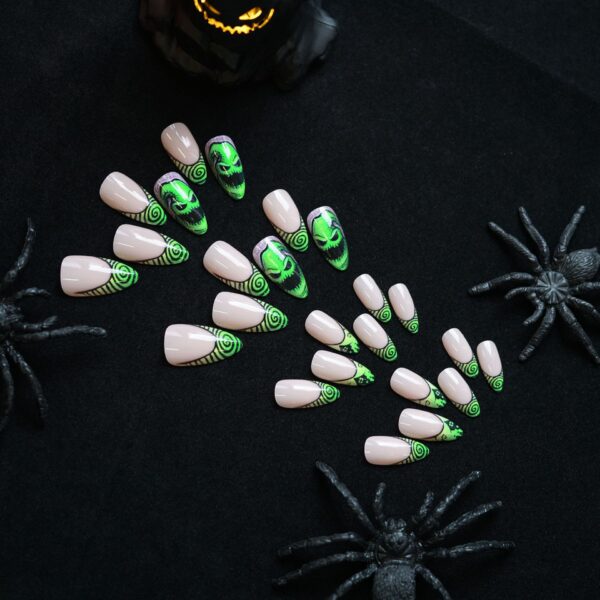 Wholesale Wm-276 Evil Ghost French Almond Fake Nail Pieces Halloween Green Big Eyed Monster French Vortex Wearable Nail Pieces