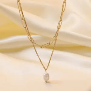 H6007【Pearl Double-Layer Chain Necklace Gold】