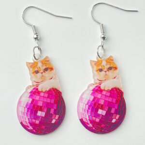 Wholesale Acrylic Cat Pink Disco Earrings