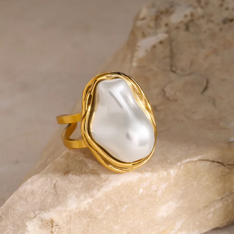 Wholesale PVD Coated Real Gold Plated Round 304 Stainless Steel IG Style Baroque Style Waterproof Non Tarnish Open Rings