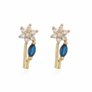 Golden White Diamond Flower Core Blue Diamond Branches and Leaves 1 Pair