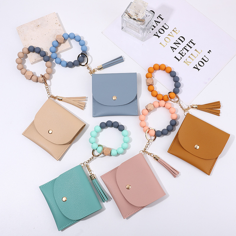 Wholesale Cross-border New Silicone Bead Keychain Bracelet Wooden Bead Card Bag Key Ring Bracelet Certificate Card Holder Bracelet St