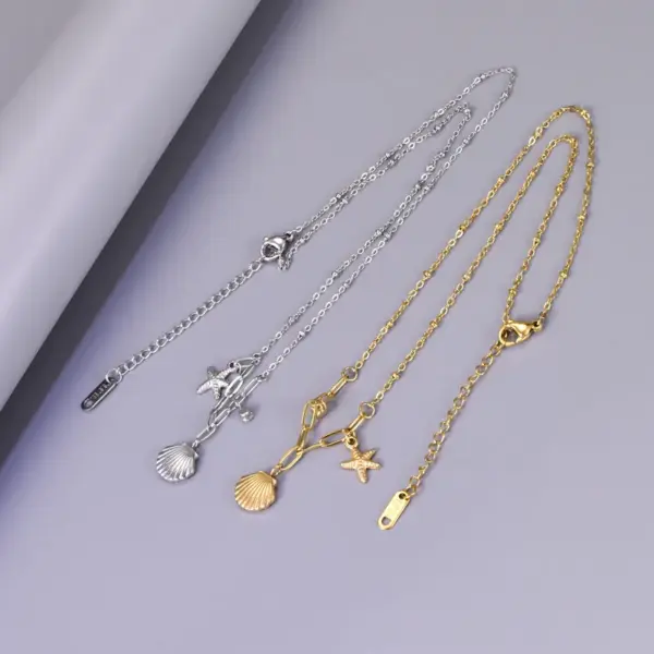 304 Stainless Steel Starfish Shell PVD Coated Zircon 18K Real Gold Plated Marine Style Simple Style Waterproof Non Tarnish Inlay Cable Chain Gold Multi Charms Necklace