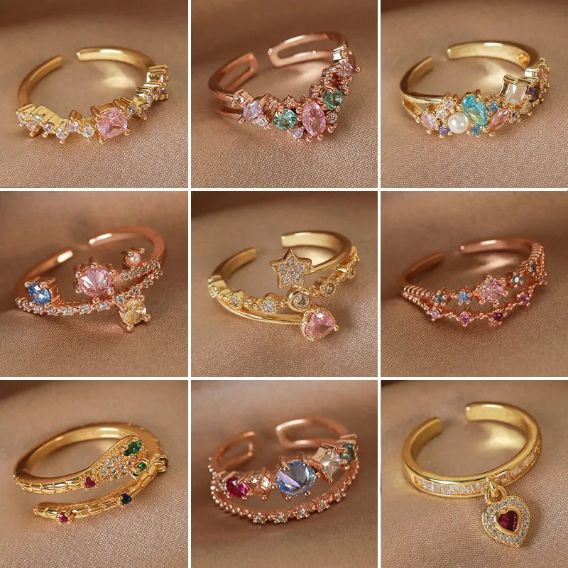 Wholesale Simple Style Shiny Star Water oplets Heart Shape Copper Inlay White Gold Plated Gold Plated Zircon Open Rings
