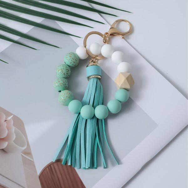 Wholesale Printed wooden bead bracelet with tassel wrist keychain