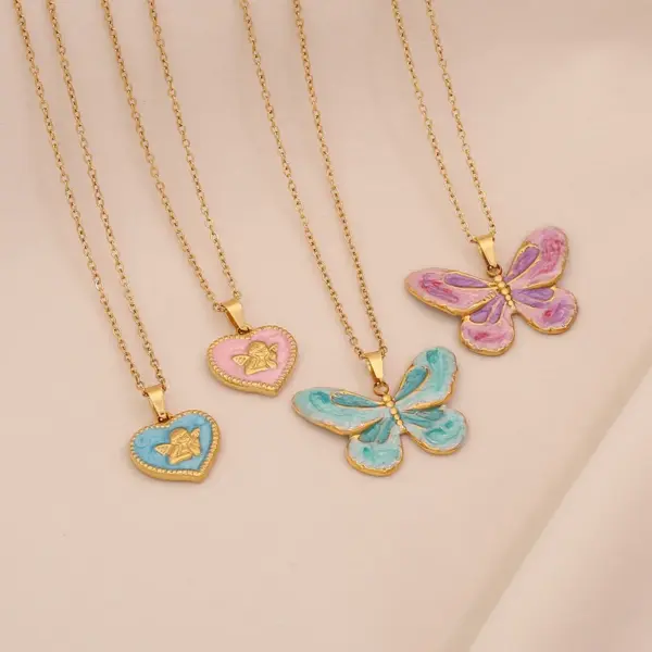Wholesale Ion Plating (IP) Real Gold Plated Heart Shape Butterfly 304 Stainless Steel Elegant Cute Romantic Waterproof Non Tarnish 304 Stainless Steel Lobster Trigger Clasp Closure Pendant Necklace Necklace