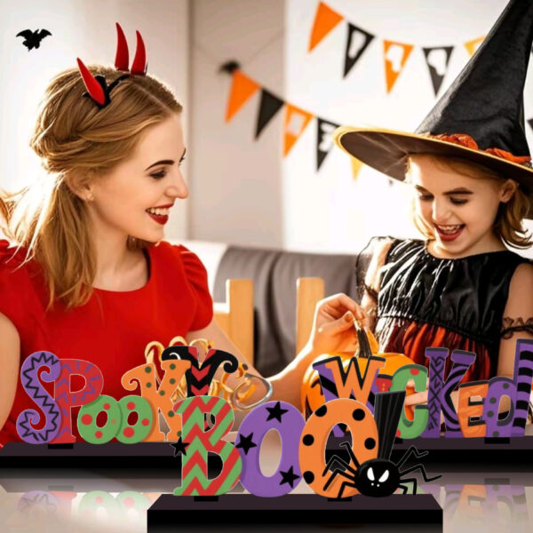 oly-19c1fc849356a77aae3aa7dea888b9bc Wholesale 3 Halloween-themed wooden figurines with colorful speckled letters and bases; Halloween desktop wooden figurines.