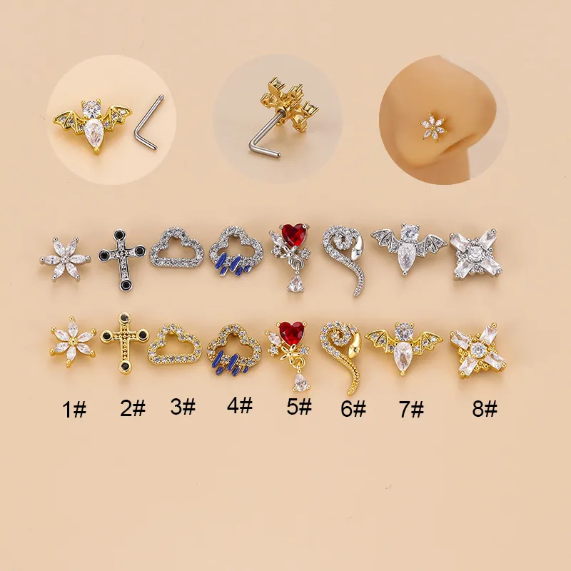 Wholesale 1 Piece 316L Stainless Steel Copper Zircon Nose Rings & Studs Clouds Heart Shape Flower Waterproof Non Tarnish Surgical Steel Women'S
