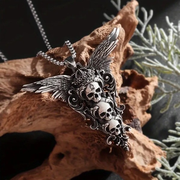 oly-19cf2d41cd6f34785716852126f4caa8 Wholesale Gothic Three Skull Crown and Wings Pendant Necklace, Vintage Horror Inspired Design, Ethnic Jewelry for Men and Women