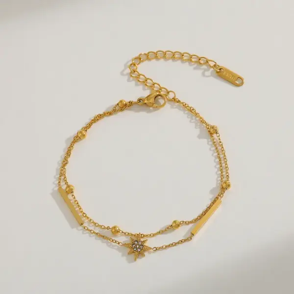 Geometric Star Stainless Steel 18K Gold Plated Zirconia Multi-Pendent Necklace Dual-Layer Bracelet Jewelry Set For Women