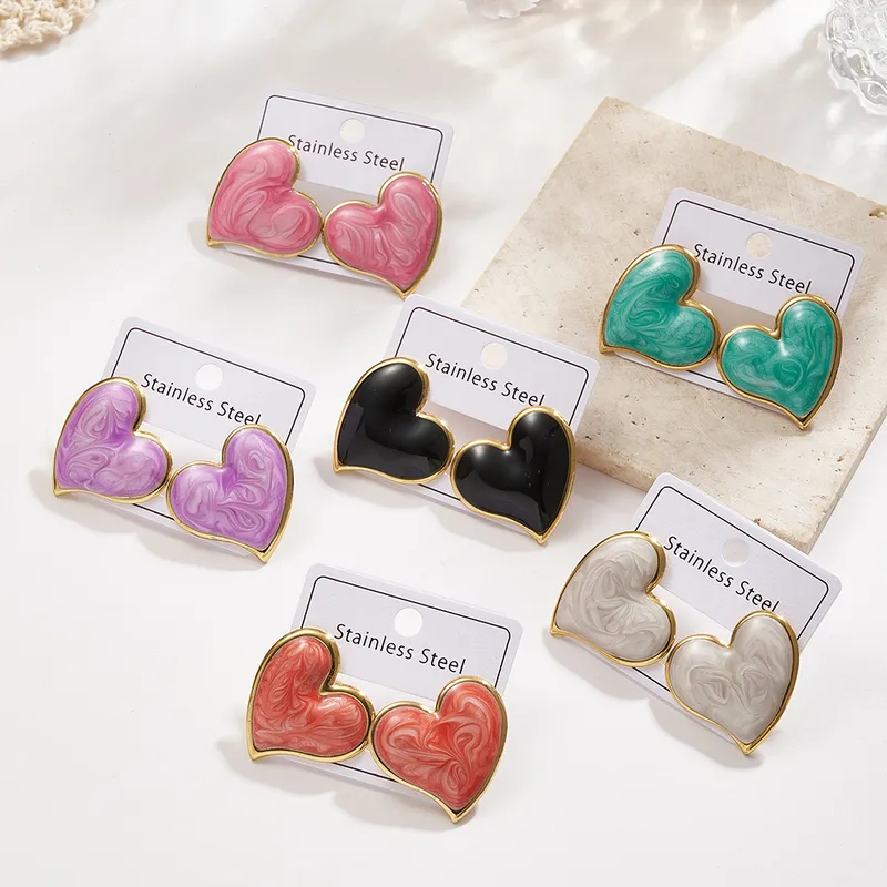 Wholesale Color Retention Electroplating ip Oil Heart Shaped Earrings Women's Fashion Jewelry Stainless Steel lished Surface