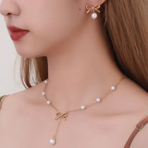 Wholesale Jewelry Simple Style Classic Style Bow Knot 304 Stainless Steel Artificial Pearls 18K Gold Plated Jewelry Set