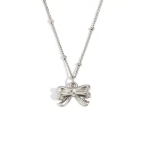 Bead Necklace Bow Pendant Necklace-Steel Color