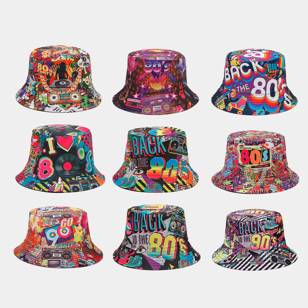 Wholesale European and American Nostalgic Classic 80 90Party Pie Bucket Hat for Men and Women Fashion sitioning Graiti Double-Sided Basin Hat Trendy