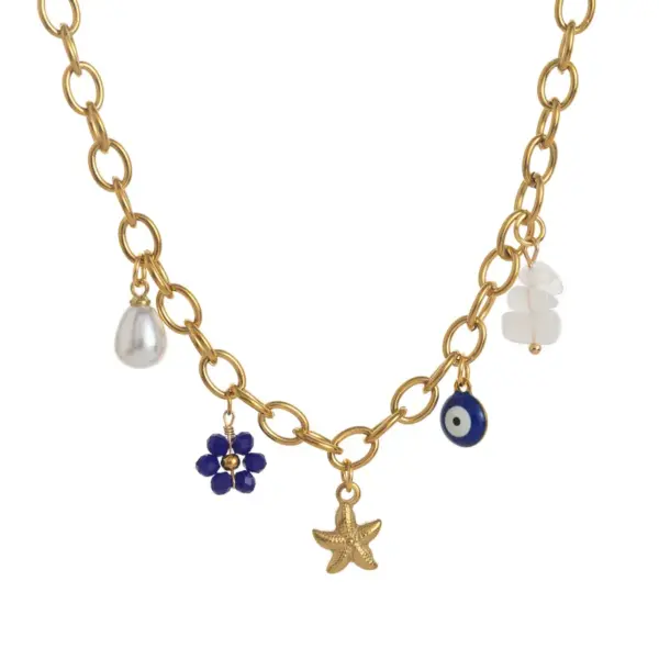 Wholesale 304 Stainless Steel Irregular Vacuum Plating Zircon 18K Gold Plated Marine Style O Subchain Figaro Chain Lobster Trigger Clasp Closure Multi Charms Necklace