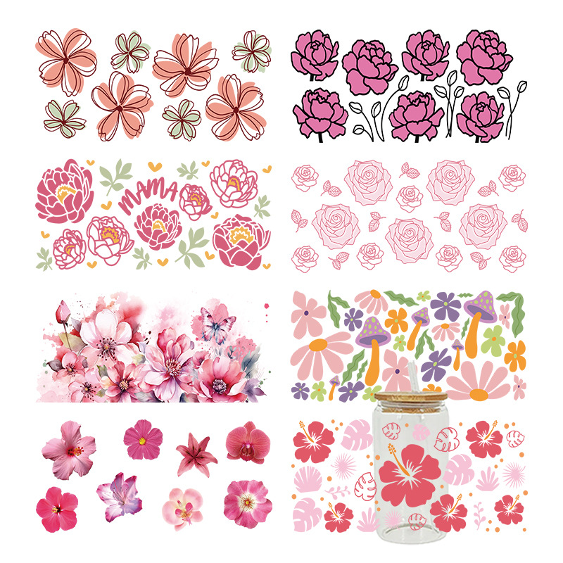 Wholesale Pink and red flowers 16oz C UV DTF Wraps