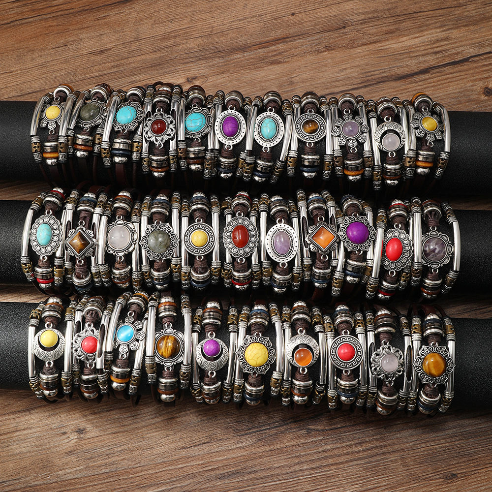 Wholesale Vintage Artistic Colorful Turquoise Natural Stone Inlaid Multi-Layer Stainless Steel Leather Bracelet Simple Beaded Leather Bracelet