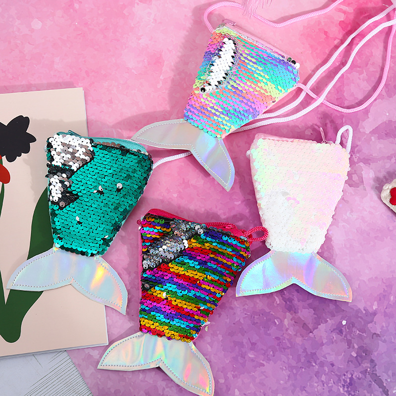 Wholesale Chilen's wallet fish tail sequins lanyard coin purse girl mermaid diagonal