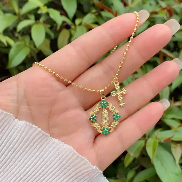 Wholesale Jewelry Retro Classic Style Cross Virgin Mary Copper Zircon 18K Gold Plated Pendant Necklace Ball Chain