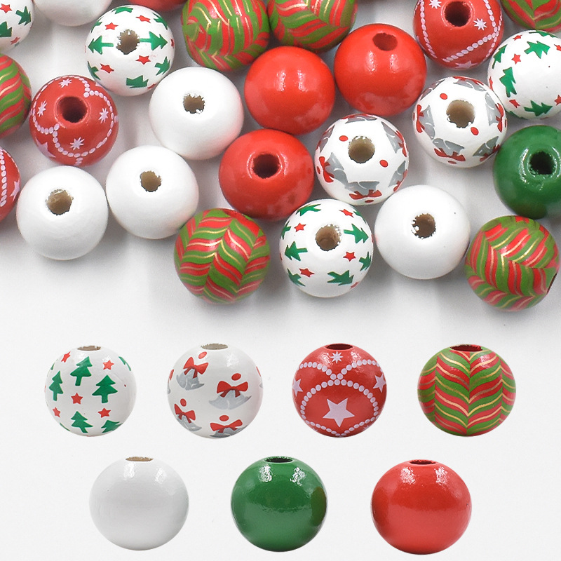 Wholesale Christmas Wooden Beads New Year Bell Printed Wooden Beads