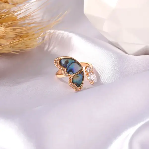 Wholesale New Fantasy Seashell Wings Colorful Butterfly Micro-inlaid Zircon Copper Open Ring