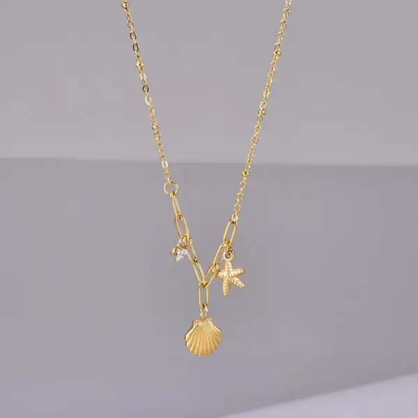 304 Stainless Steel Starfish Shell PVD Coated Zircon 18K Real Gold Plated Marine Style Simple Style Waterproof Non Tarnish Inlay Cable Chain Gold Multi Charms Necklace