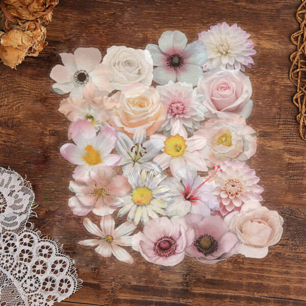 Wholesale 50 Sheets of Transparent Ins Pink Flower Stickers Waterproof Transparent Pet Handbook Material Decoration Guitar Cross-Border
